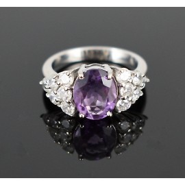 Amethyst Big stone , Rhodium plated Sterling Silver Ring